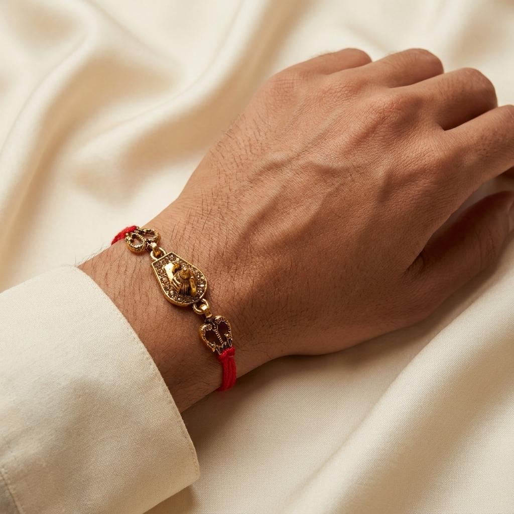 Sacred Shivling Antique Gold Rakhi with Red Twisted Thread