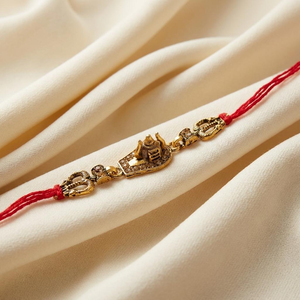 Sacred Shivling Antique Gold Rakhi with Red Twisted Thread