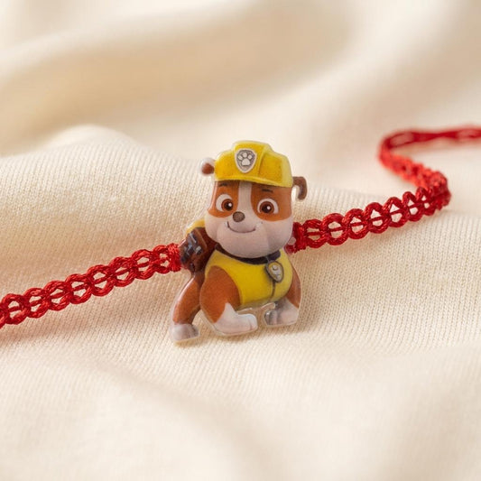 Adorable Cartoon Dog Charm Rakhi with Braided Red Thread - selfie to print