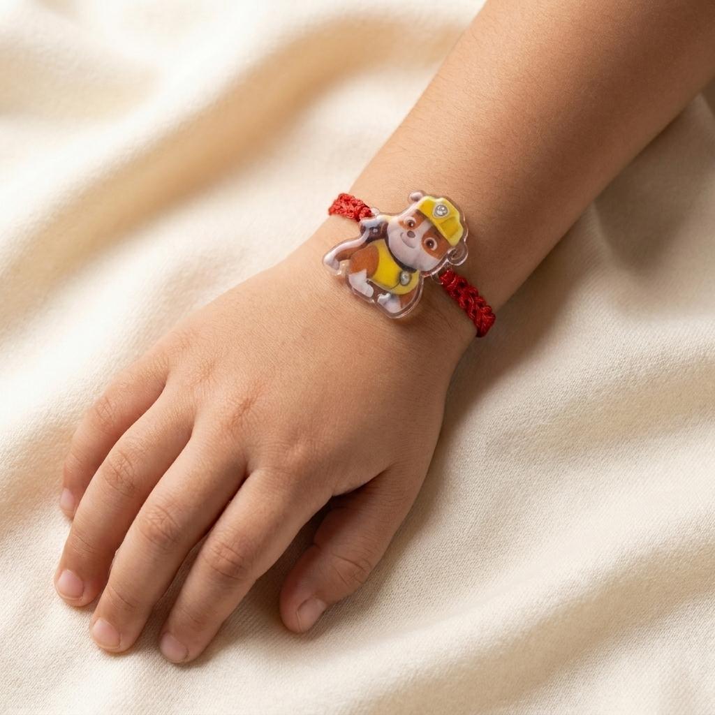 Adorable Cartoon Dog Charm Rakhi with Braided Red Thread - selfie to print