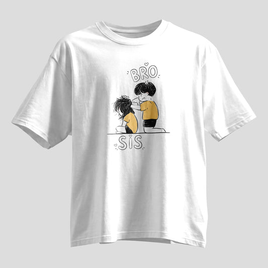 Bro Sis hair tying sketch Rakhi oversized T-shirt, white, Rakshabandhan gift tee