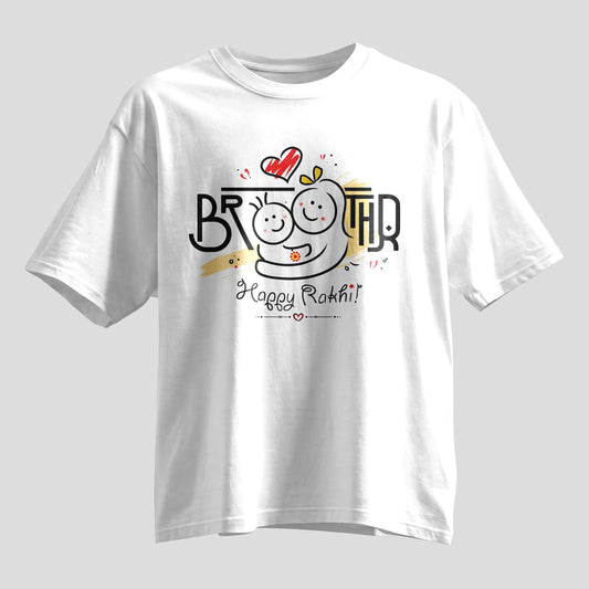Brother Happy Rakhi typography oversized T-shirt, white, Rakshabandhan gift tee