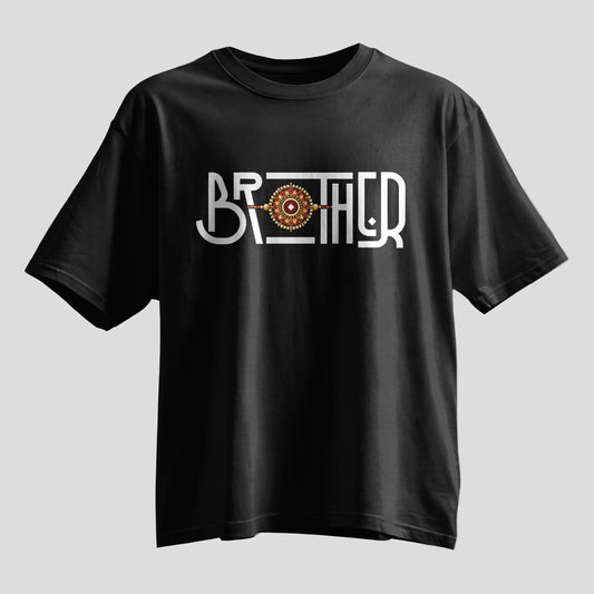 Brother rakhi thread typography oversized T-shirt, white and black