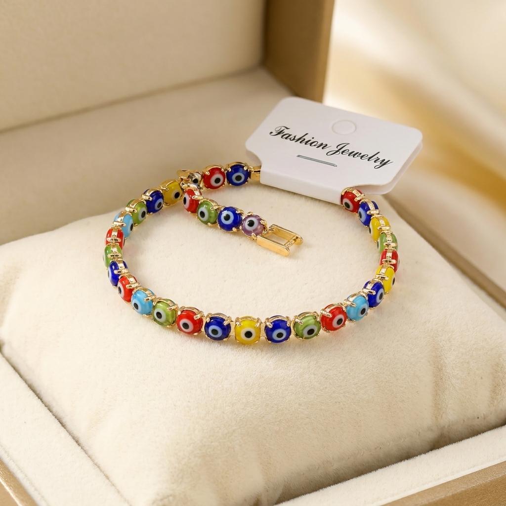 Colorful Evil Eye Bead Bracelet Rakhi with Gold Adjustable Clasp - selfie to print