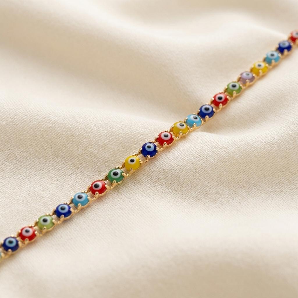 Colorful Evil Eye Bead Bracelet Rakhi with Gold Adjustable Clasp - selfie to print