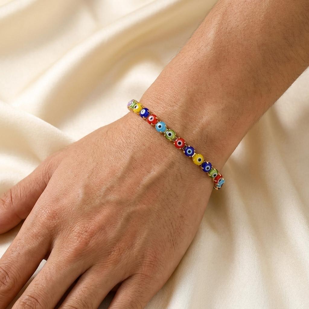 Colorful Evil Eye Bead Bracelet Rakhi with Gold Adjustable Clasp - selfie to print