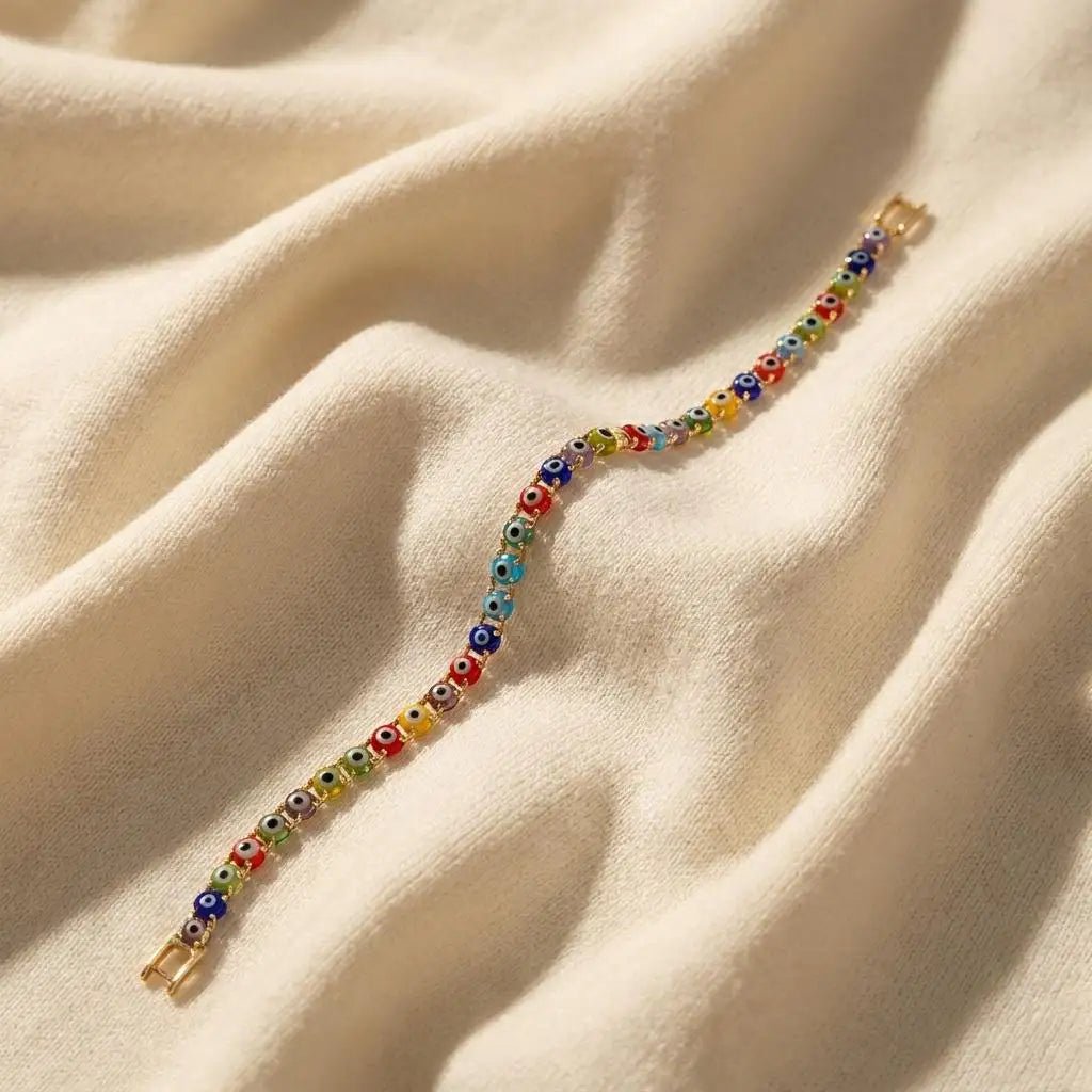 Colorful Evil Eye Bead Bracelet Rakhi with Gold Adjustable Clasp - selfie to print