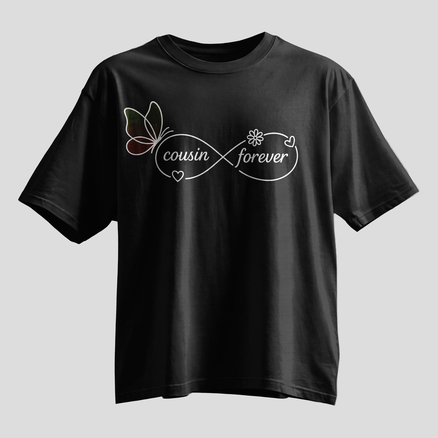 Cousin Forever infinity butterfly print oversized T-shirt, black cotton tee, Rakhi gift