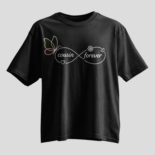 Cousin Forever infinity butterfly print oversized T-shirt, black cotton tee, Rakhi gift
