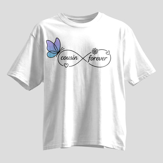 Cousin Forever infinity butterfly print oversized T-shirt, white cotton tee, Rakhi gift