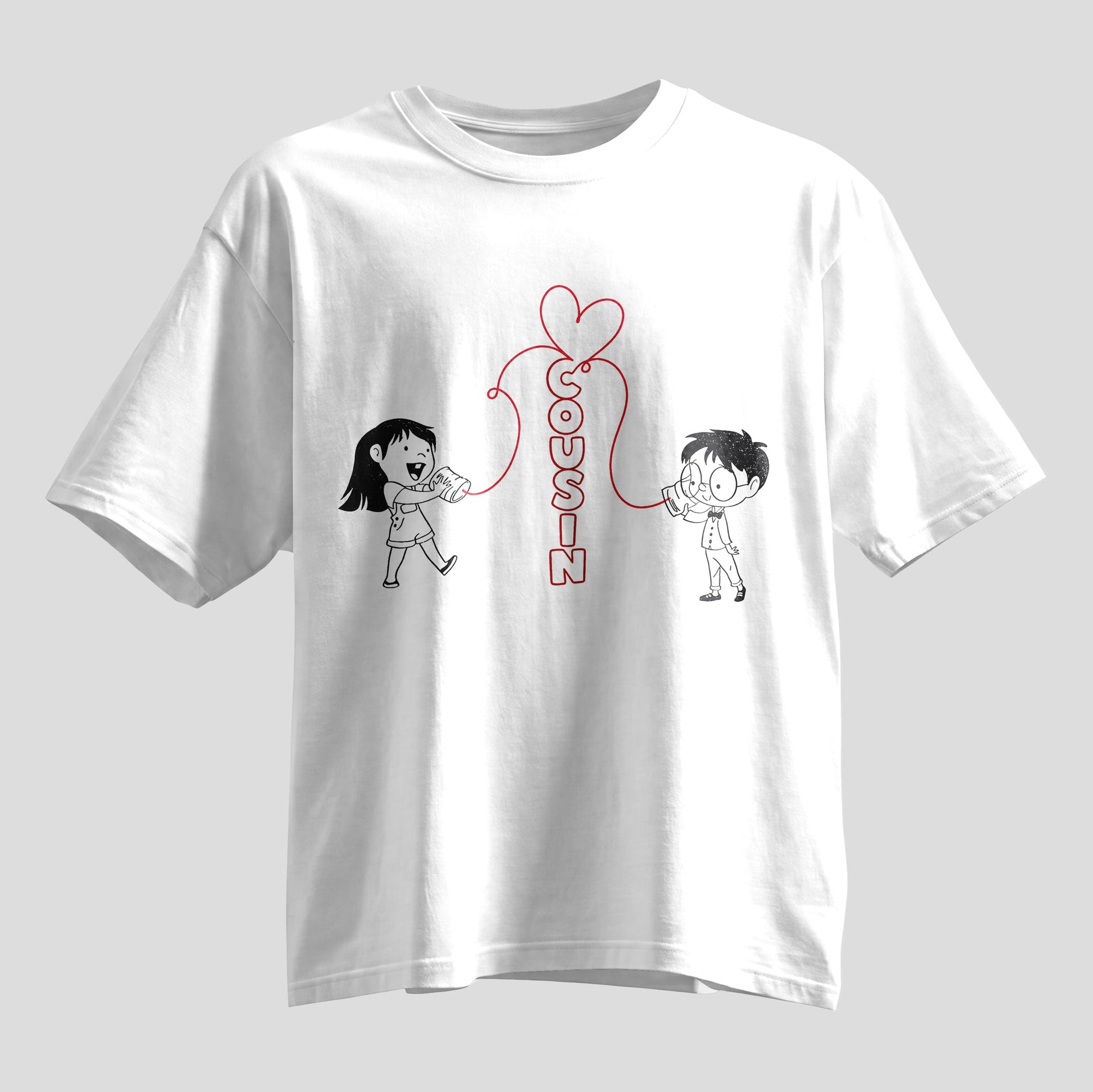 Cousin tin can phone sketch Rakhi oversized T-shirt, white, Rakshabandhan gift tee