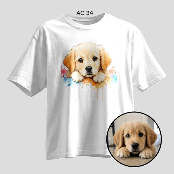 Custom Pet Photo Watercolor Art Oversized T-Shirt – Dog Print - selfie to print