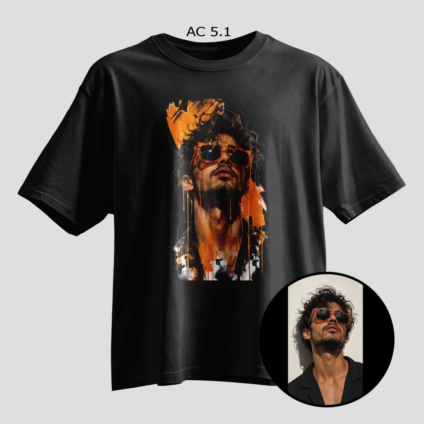 Custom drip-paint art selfie print on black oversized T-shirt, personalized photo tee