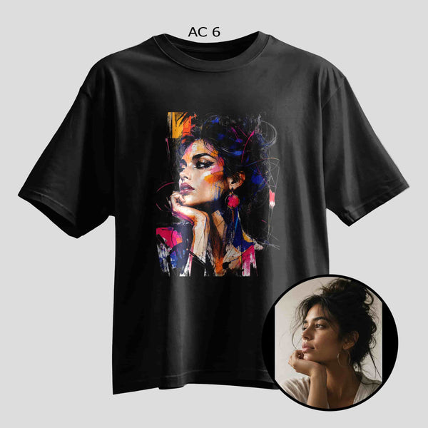 Custom expressive brushstroke art selfie print on black oversized T-shirt, personalized photo tee