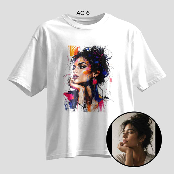 Custom expressive brushstroke art selfie print on black oversized T-shirt, personalized photo tee