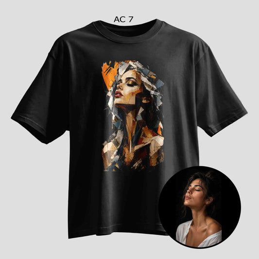 Custom fragmented mosaic art selfie print on black oversized T-shirt, personalized photo tee
