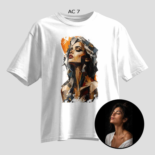 Custom fragmented mosaic art selfie print on black oversized T-shirt, personalized photo tee