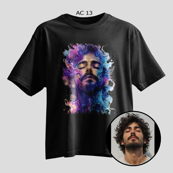 Custom galaxy smoke portrait selfie print on black oversized T-shirt, personalized photo tee