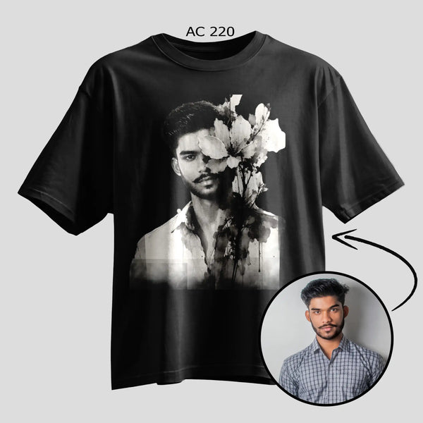 Custom selfie ink portrait print on oversized black round-neck T-shirt, personalized photo tee
