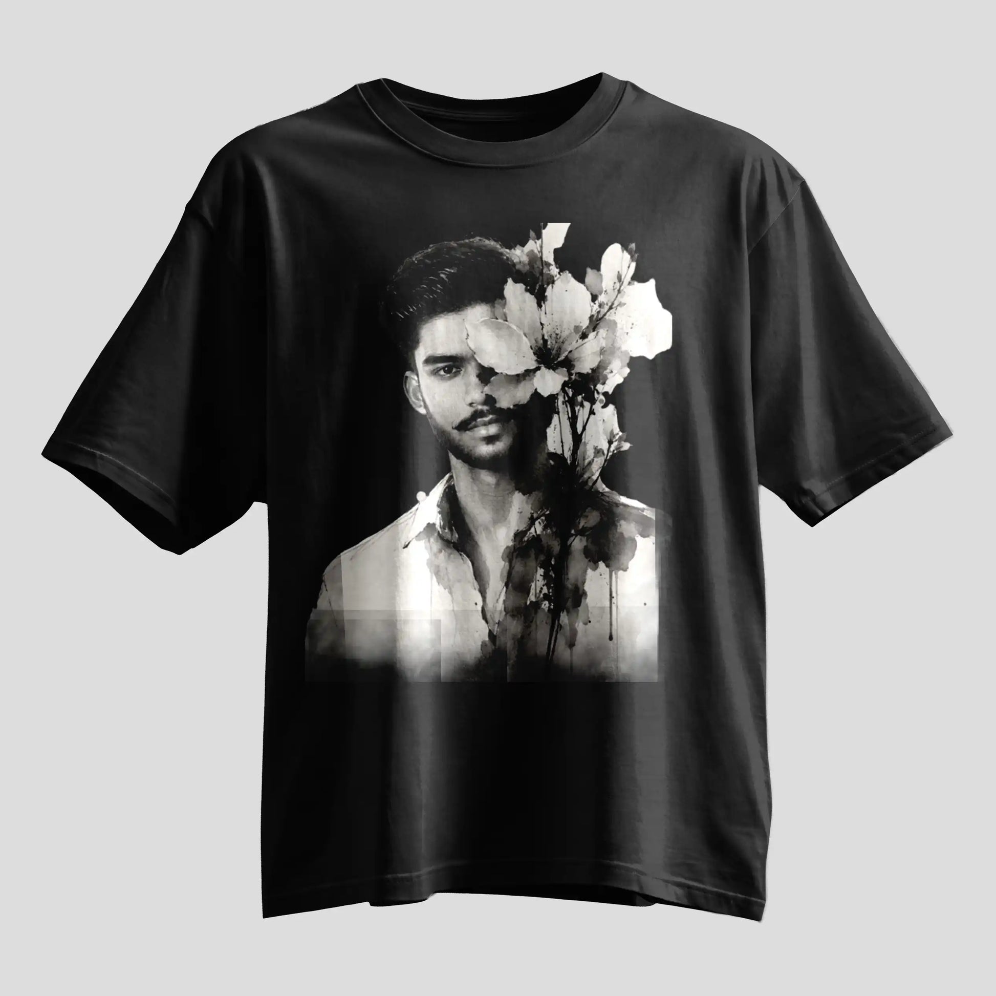 Custom selfie ink portrait print on oversized black round-neck T-shirt, personalized photo tee
