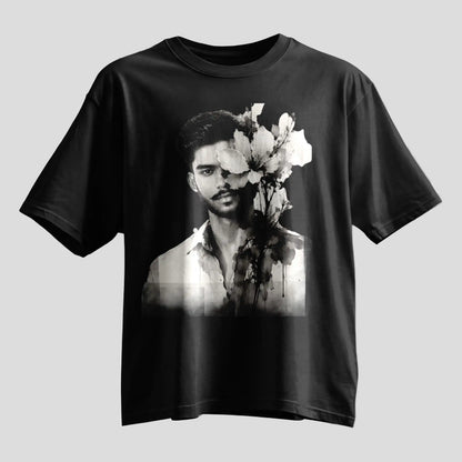 Custom selfie ink portrait print on oversized black round-neck T-shirt, personalized photo tee
