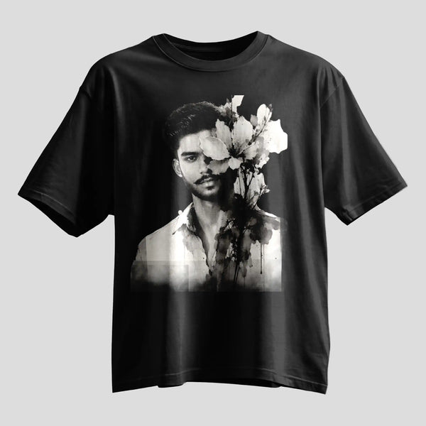 Custom selfie ink portrait print on oversized black round-neck T-shirt, personalized photo tee

