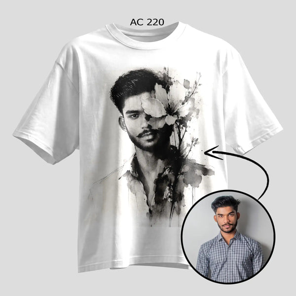 Custom selfie ink portrait print on oversized white round-neck T-shirt, personalized photo tee