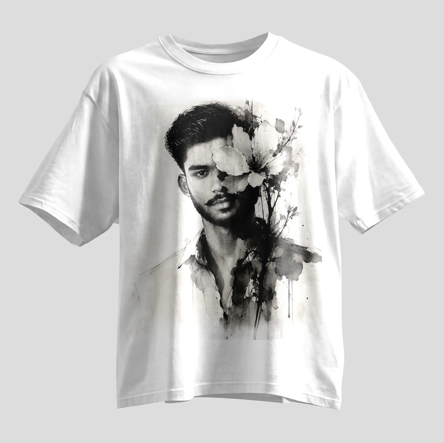 Custom selfie ink portrait print on oversized white round-neck T-shirt, personalized photo tee