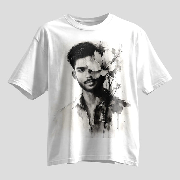 Custom selfie ink portrait print on oversized white round-neck T-shirt, personalized photo tee