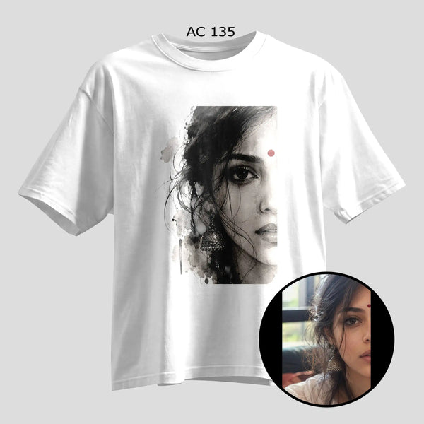 Custom ink wash portrait selfie print on white oversized T-shirt, personalized photo tee