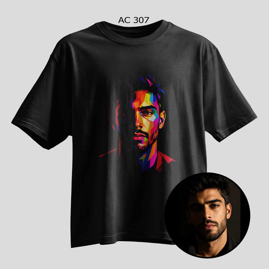 Custom low poly shadow portrait selfie print on black oversized T-shirt, personalized photo tee