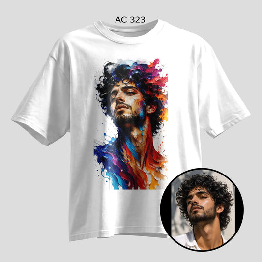 Custom oil paint portrait selfie print on white oversized T-shirt, personalized photo tee