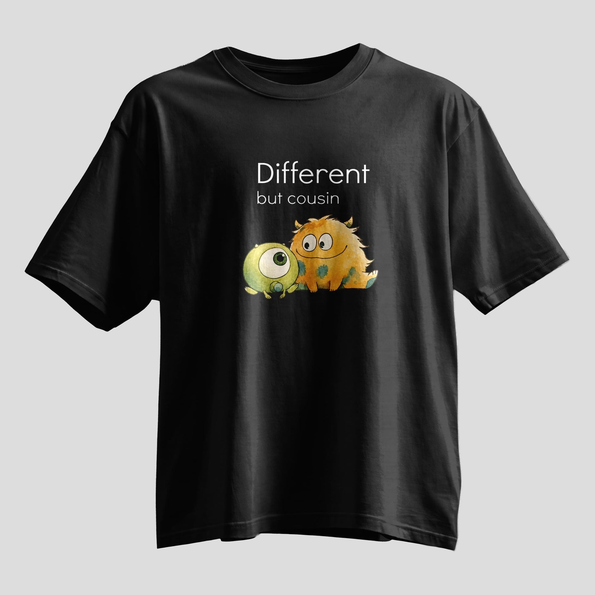 Different but cousin monster print Rakhi oversized T-shirt, white and black