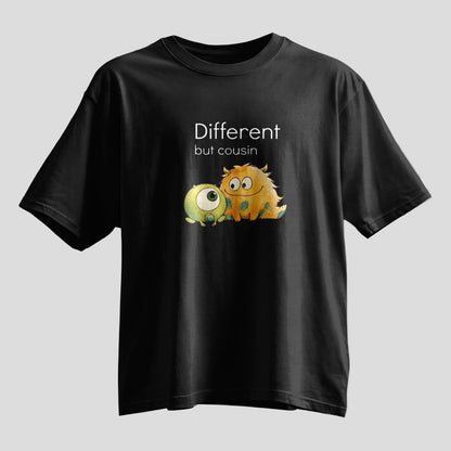 Different but cousin monster print Rakhi oversized T-shirt, white and black