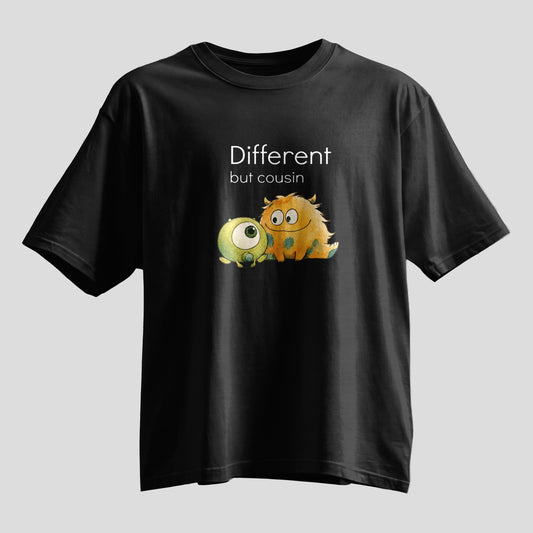 Different but cousin monster print Rakhi oversized T-shirt, white and black