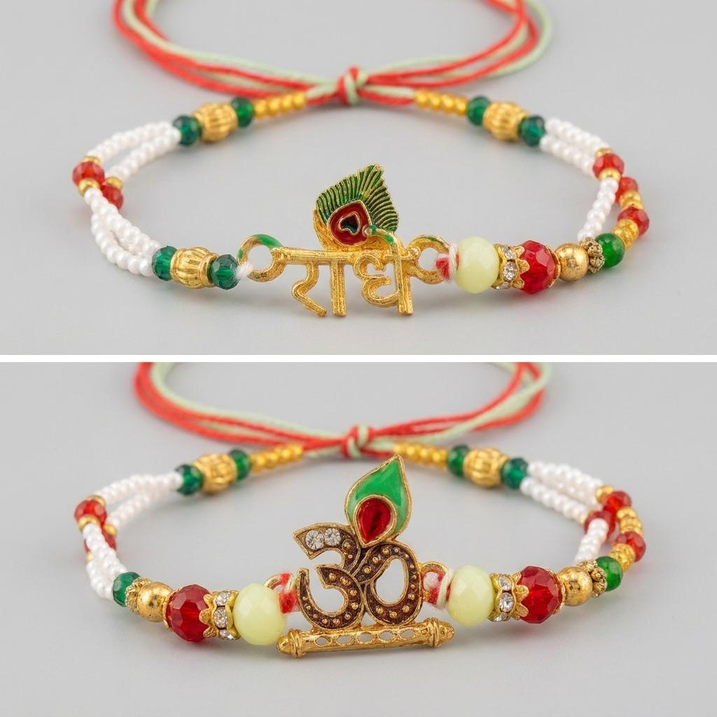 Divine Radhe Om Couple Rakhi Set with Gold Tone & Enamel Beads - selfie to print