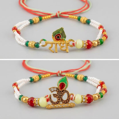 Divine Radhe Om Couple Rakhi Set with Gold Tone & Enamel Beads - selfie to print