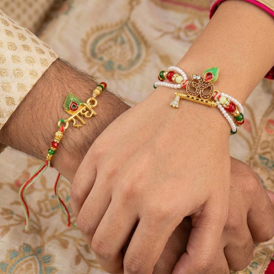 Divine Radhe Om Couple Rakhi Set with Gold Tone & Enamel Beads - selfie to print
