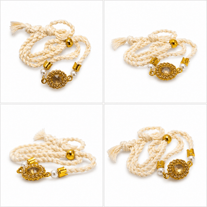 Elegant Crystal Halo Rakhi with Pearls & Braided Cord - selfie to print