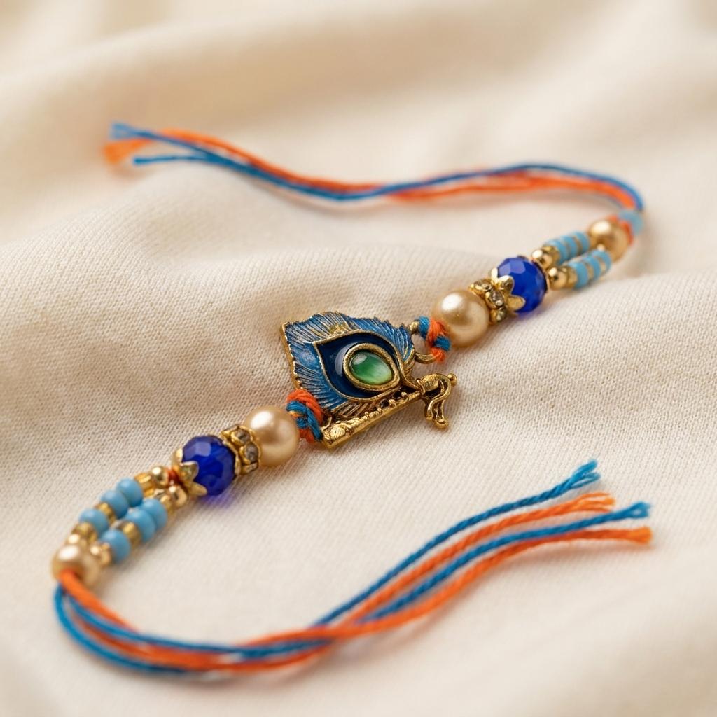 Elegant Krishna Bansuri & Mor Pankh Rakhi with Blue Beads - selfie to print