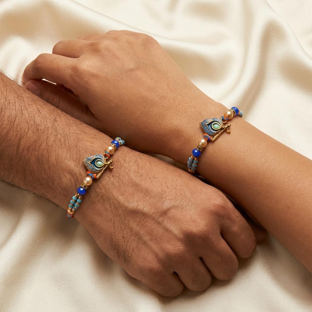 Elegant Krishna Bansuri & Mor Pankh Rakhi with Blue Beads - selfie to print