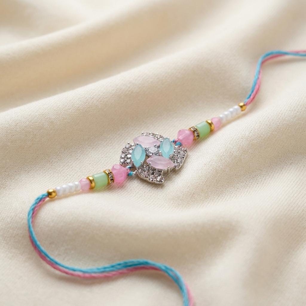 Elegant Pastel Gemstone Rakhi with Silver-Tone Rhinestones - selfie to print