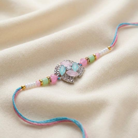 Elegant Pastel Gemstone Rakhi with Silver-Tone Rhinestones - selfie to print