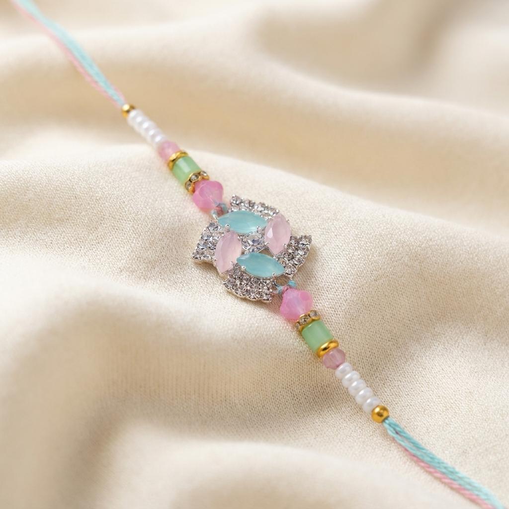 Elegant Pastel Gemstone Rakhi with Silver-Tone Rhinestones - selfie to print