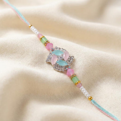 Elegant Pastel Gemstone Rakhi with Silver-Tone Rhinestones - selfie to print