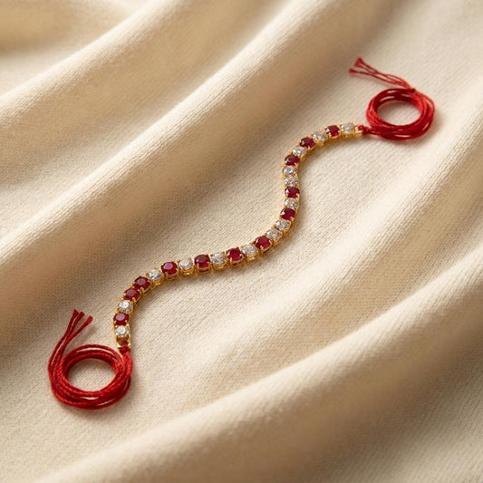 Elegant Red & Clear Crystal Gold Tone Rakhi Thread for Brother - selfie to print