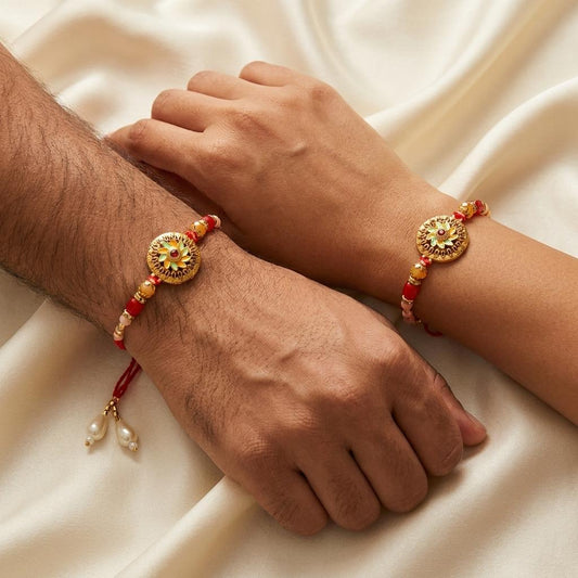 Gold Floral Enamel Medallion & Red Bead Rakhi - selfie to print