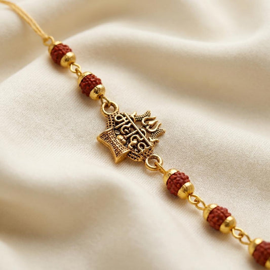 Handcrafted Divine Mahadev Antique Gold Rudraksha Rakhi for Bhai - selfie to print