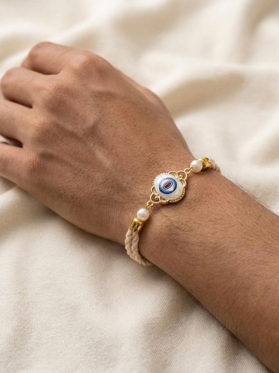 Handmade Evil Eye Stone Rakhi with Pearl & Gold Filigree - selfie to print