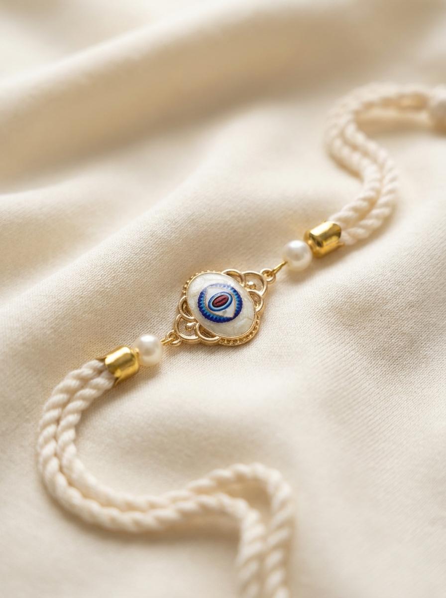 Handmade Evil Eye Stone Rakhi with Pearl & Gold Filigree - selfie to print